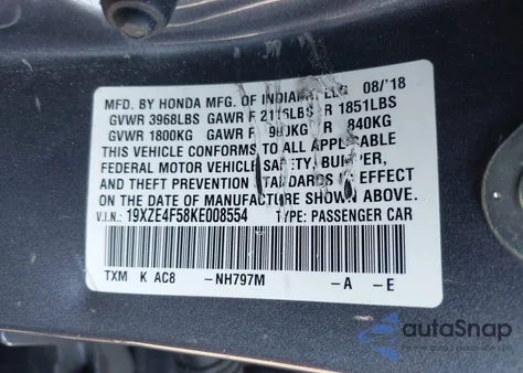 2019 Honda Insight Ex z USA, uszkodzony, nr VIN 19XZE4F58KE008554